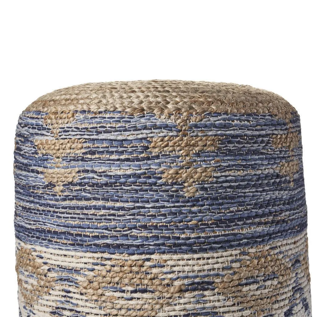 18" Blue Jute Pouf with Geometric Pattern