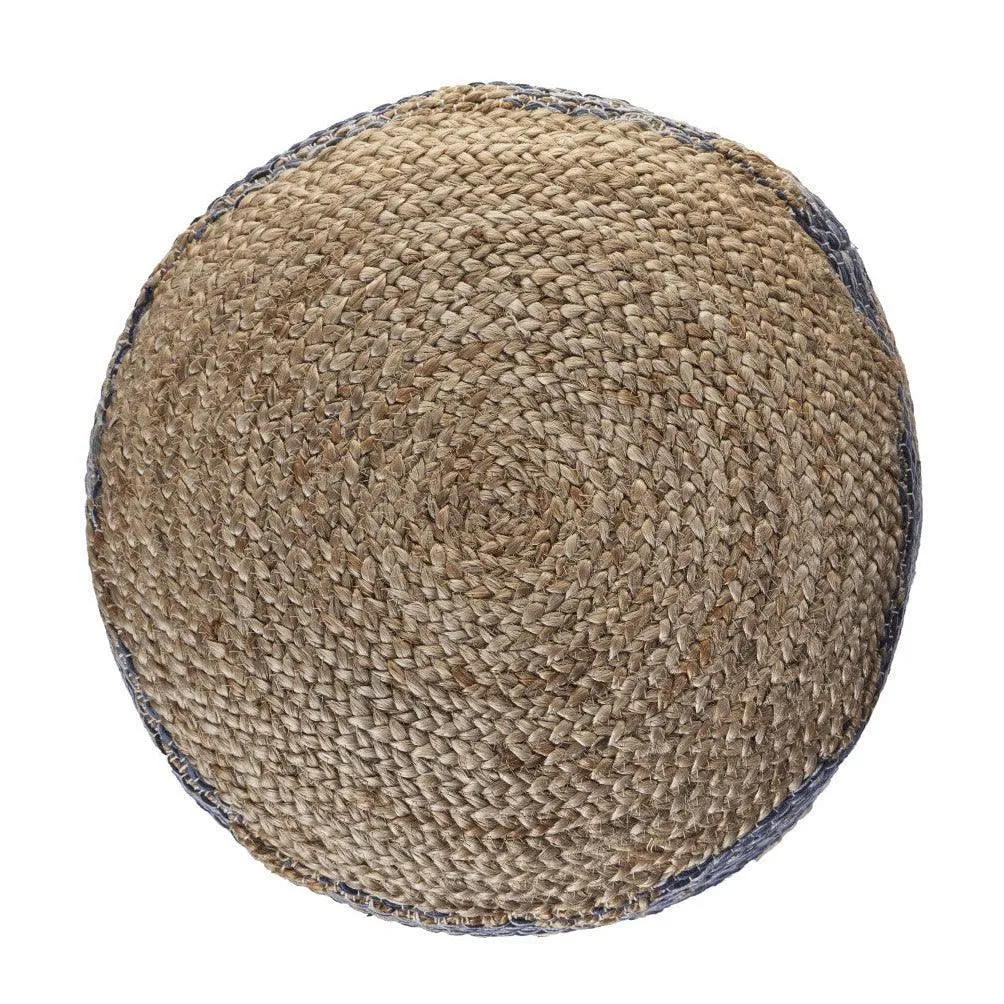 18" Blue Jute Pouf with Geometric Pattern