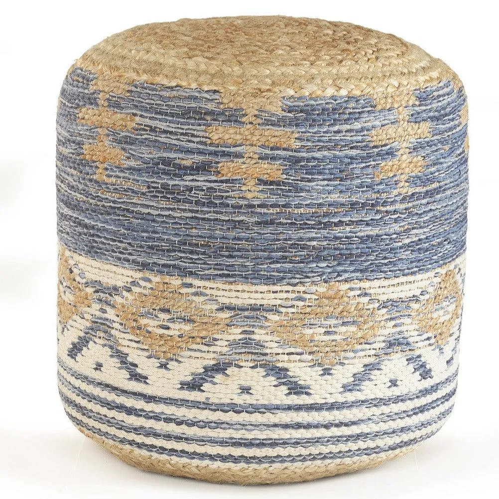 18" Blue Jute Pouf with Geometric Pattern