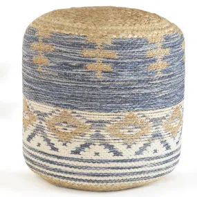 18" Blue Jute Pouf with Geometric Pattern