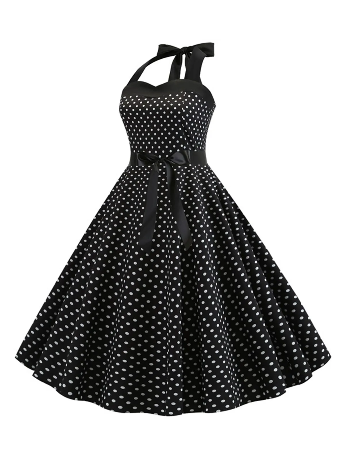 1950s Polka Dot Bow Tie Halter Swing Dress