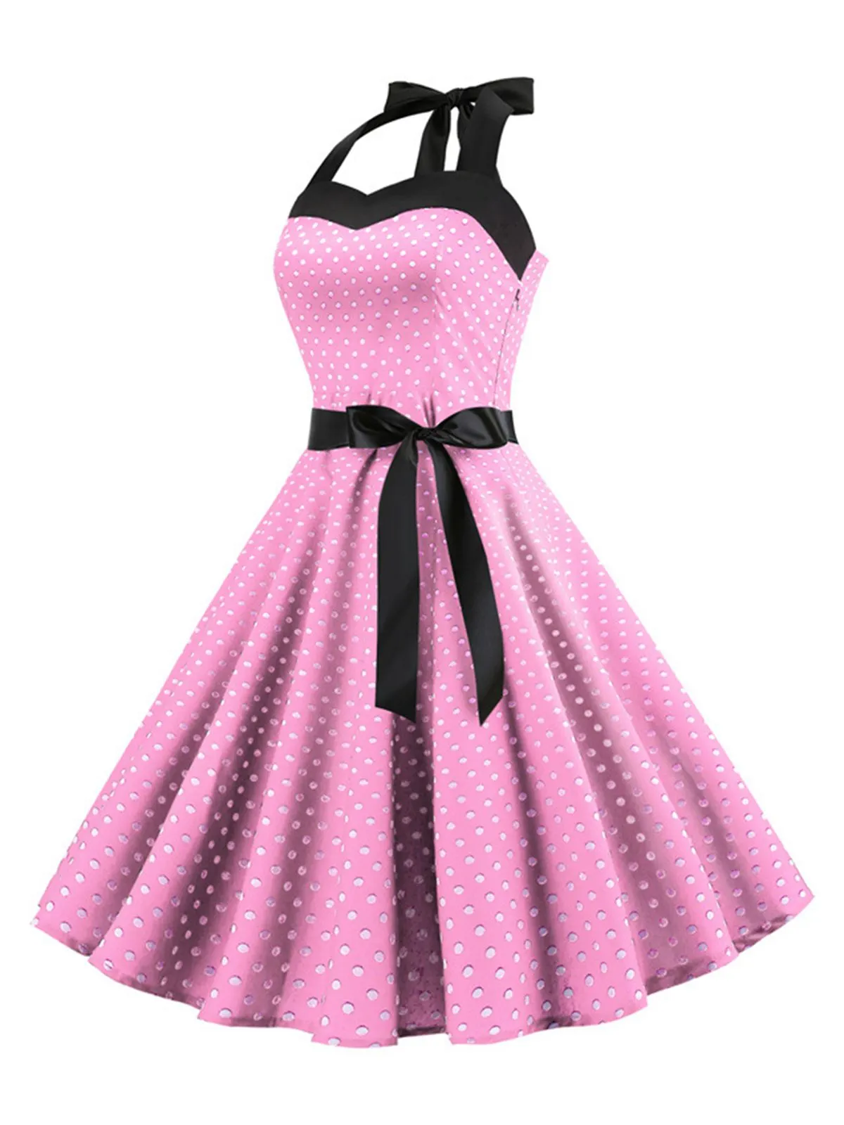 1950s Polka Dot Bow Tie Halter Swing Dress