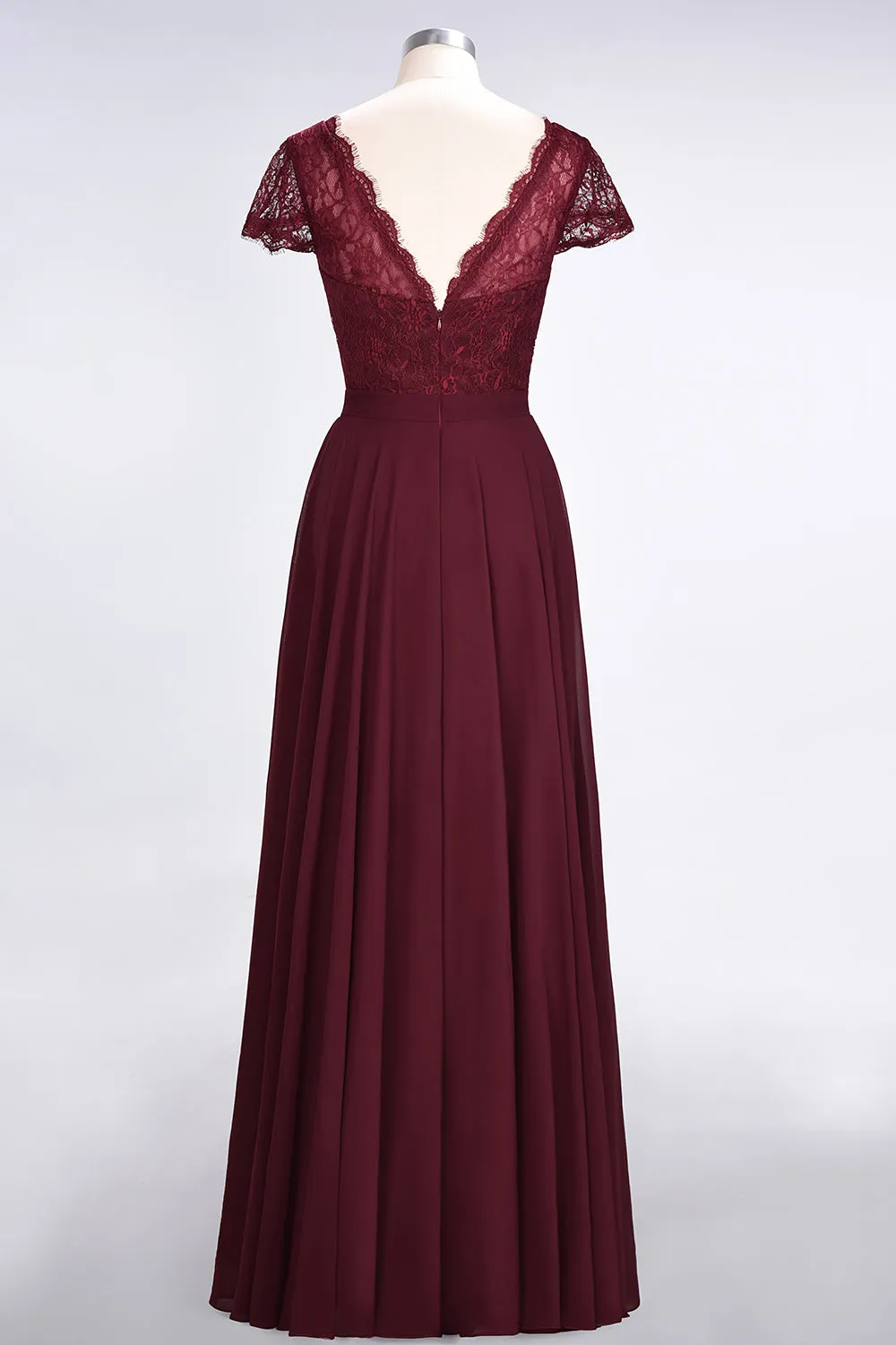 A-Line Chiffon Lace V-Neck Long Bridesmaid Dress with Sleeves