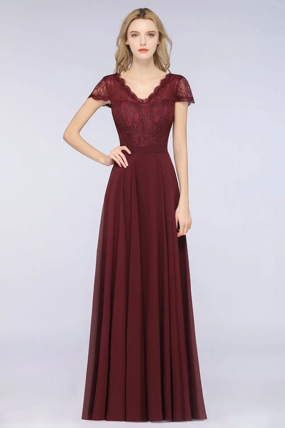 A-Line Chiffon Lace V-Neck Long Bridesmaid Dress with Sleeves