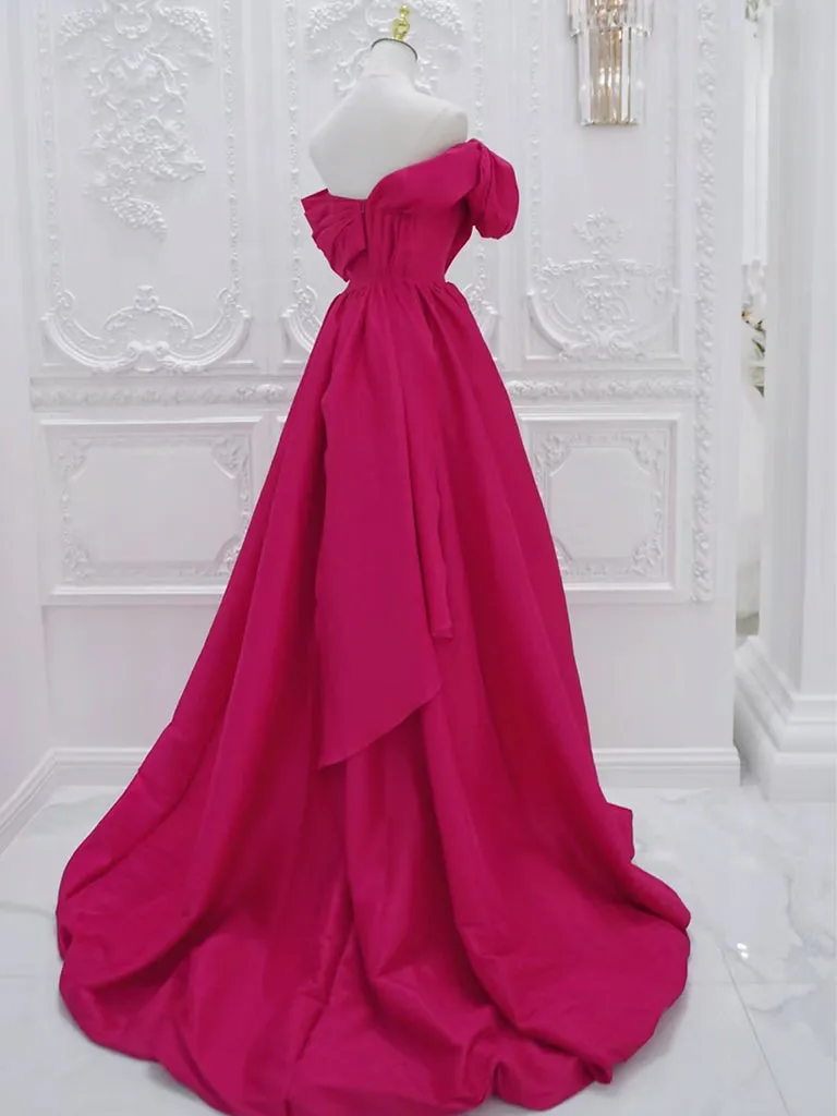 A-Line Off Shoulder Satin Rose Red Long Prom Dress, Rose Red Long Evening Dress