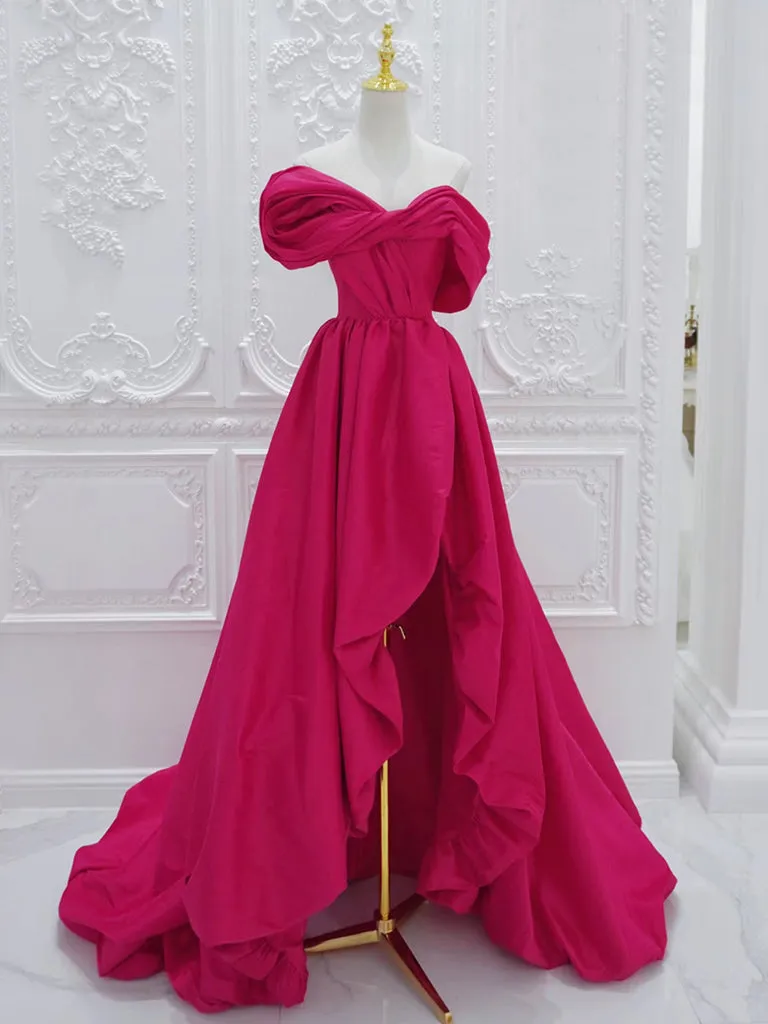 A-Line Off Shoulder Satin Rose Red Long Prom Dress, Rose Red Long Evening Dress