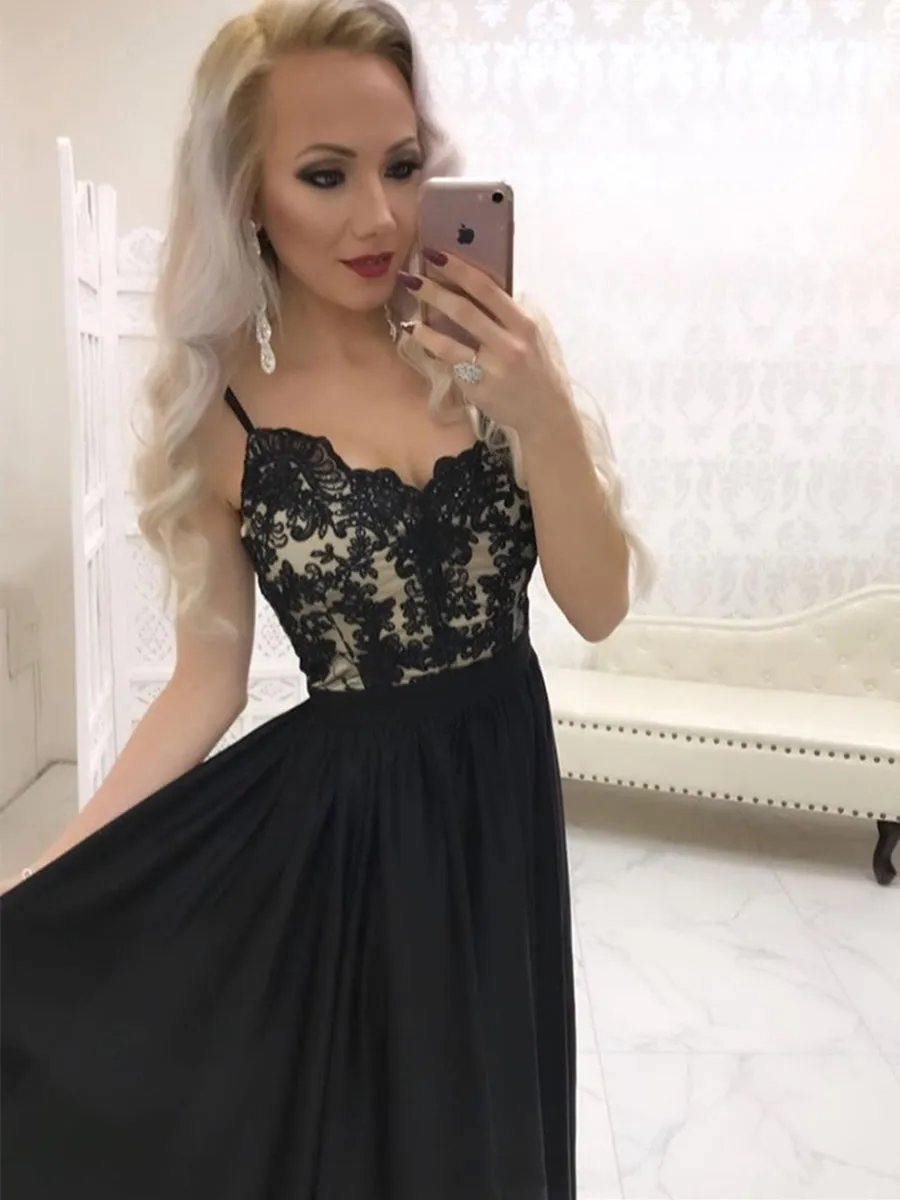 A Line Sweetheart Neck Lace Long Black Prom Dresses with Split, Black Lace Formal Graduation Evening Dresses, Black Party Dresses