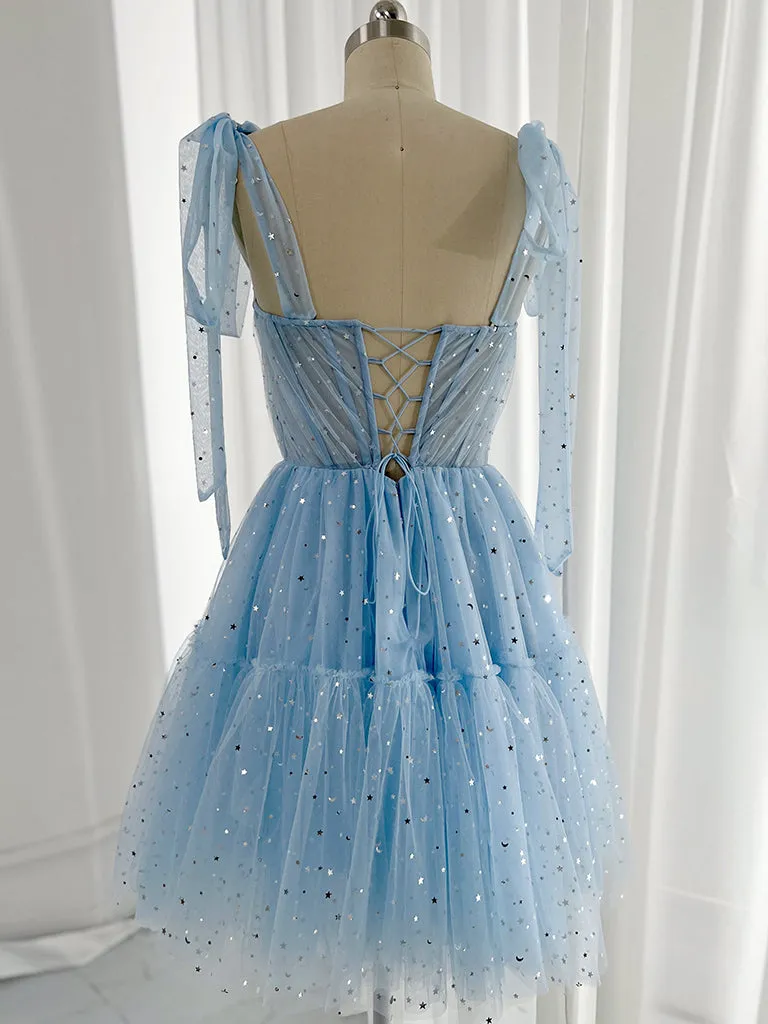 A-Line Sweetheart Neck Tulle Lace Blue Short Prom Dress, Blue Homecoming Dress