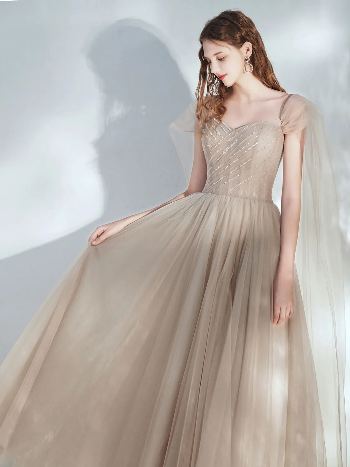 A-Line Tulle Champagne Long Prom Dress, Champagne Formal Dresses