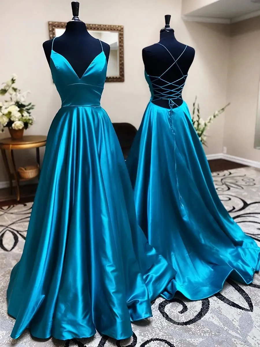 Blue Backless Long Prom Dresses with V-Neck and Open Back - Elegant Formal Evening Gowns