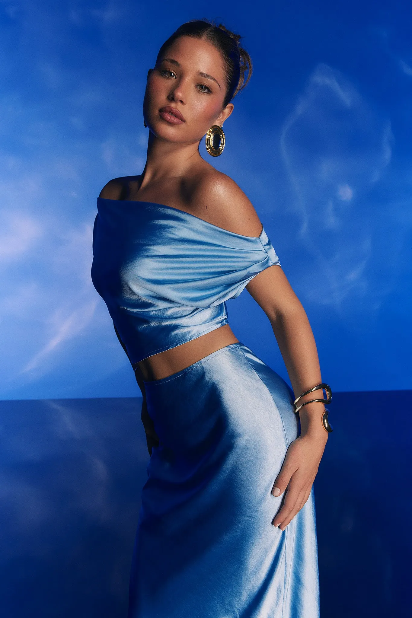 Alivya On-Off-Shoulder Satin Top Blue