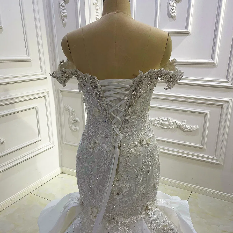 AM1062 High Quality Off Shoulder Lace Appliques 3D Flowers Detachable Skirt Wedding Dress