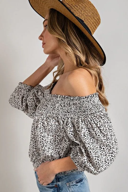 ANIMAL PRINT SMOCKED OFF THE SHOULDER TOP