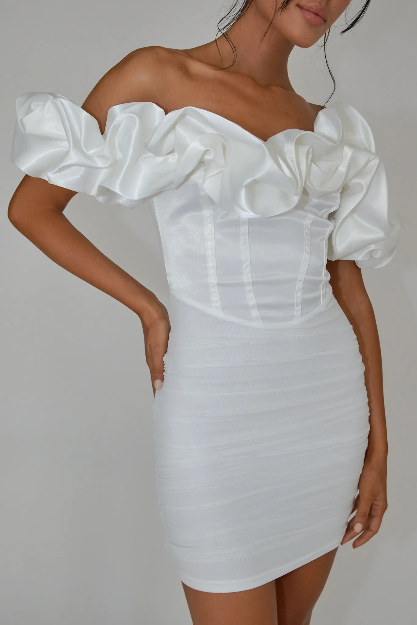 Arista Off-Shoulder Ruched Mini Dress Off White