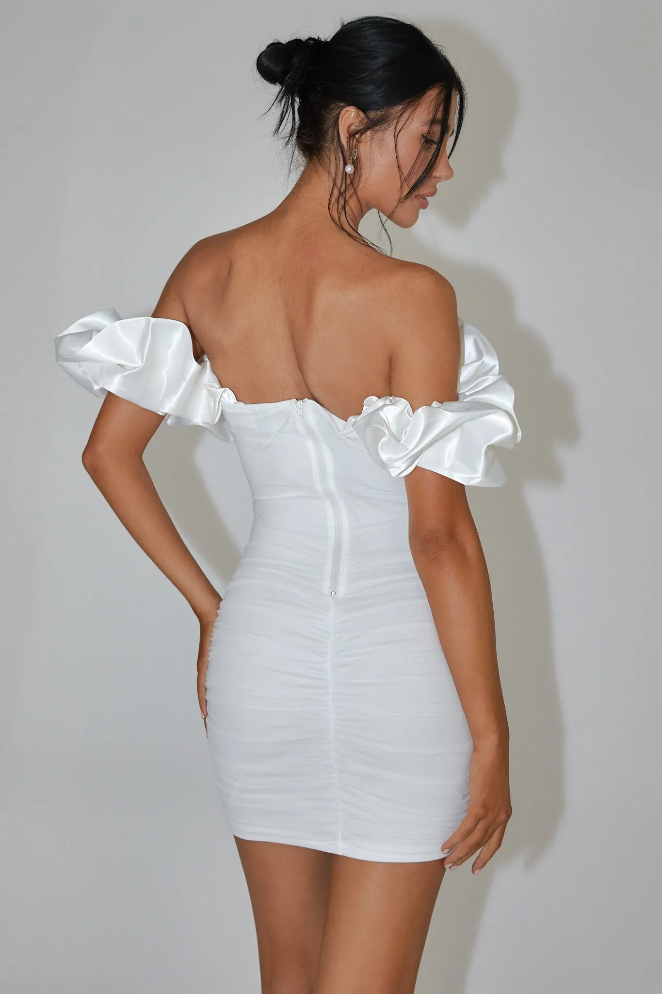 Arista Off-Shoulder Ruched Mini Dress Off White