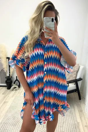 Ariya Blue Zig Zag Print Plisse Pleated Frill Hem Shirt Dress