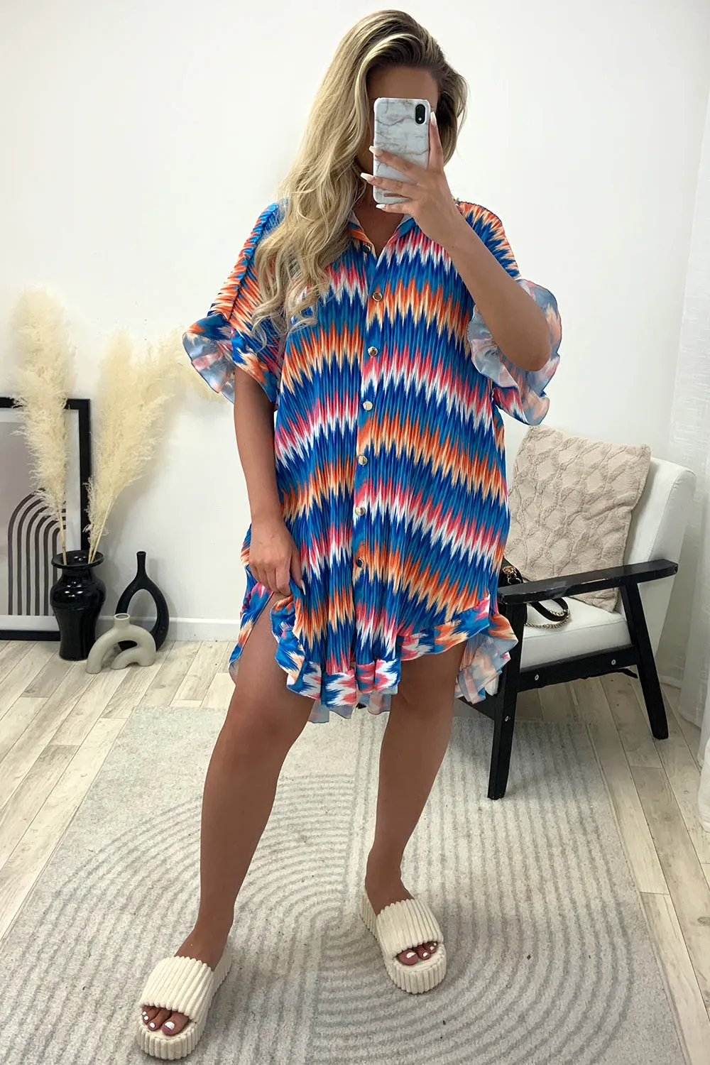 Ariya Blue Zig Zag Print Plisse Pleated Frill Hem Shirt Dress