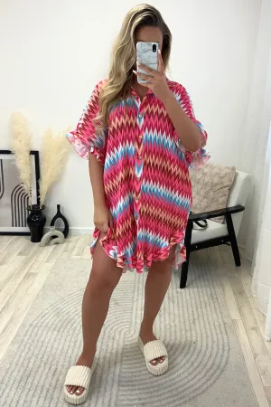 Ariya Pink Zig Zag Print Plisse Pleated Frill Hem Shirt Dress