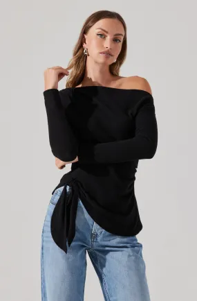 Asymmetrical Off Shoulder Tie Knit Top