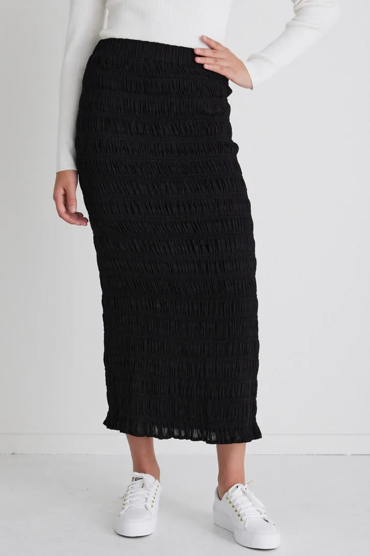 Attentive Black Cotton Shirred Straight Midi Skirt