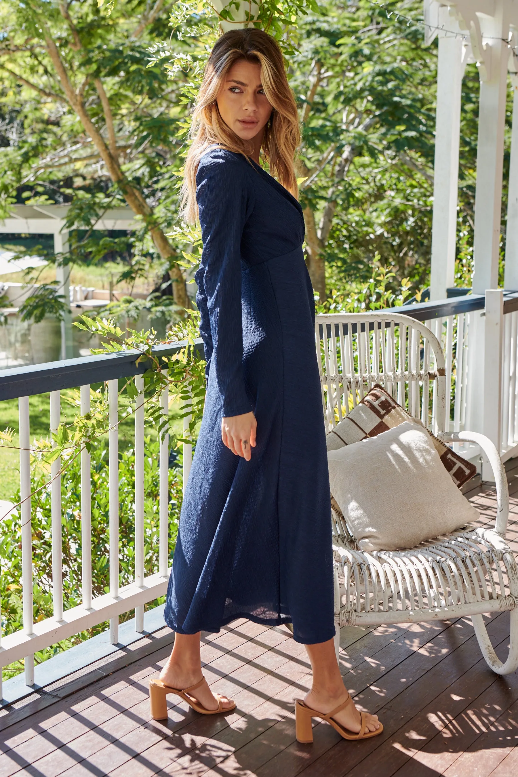 Azalia Navy V Neck Long Sleeve Evening Dress