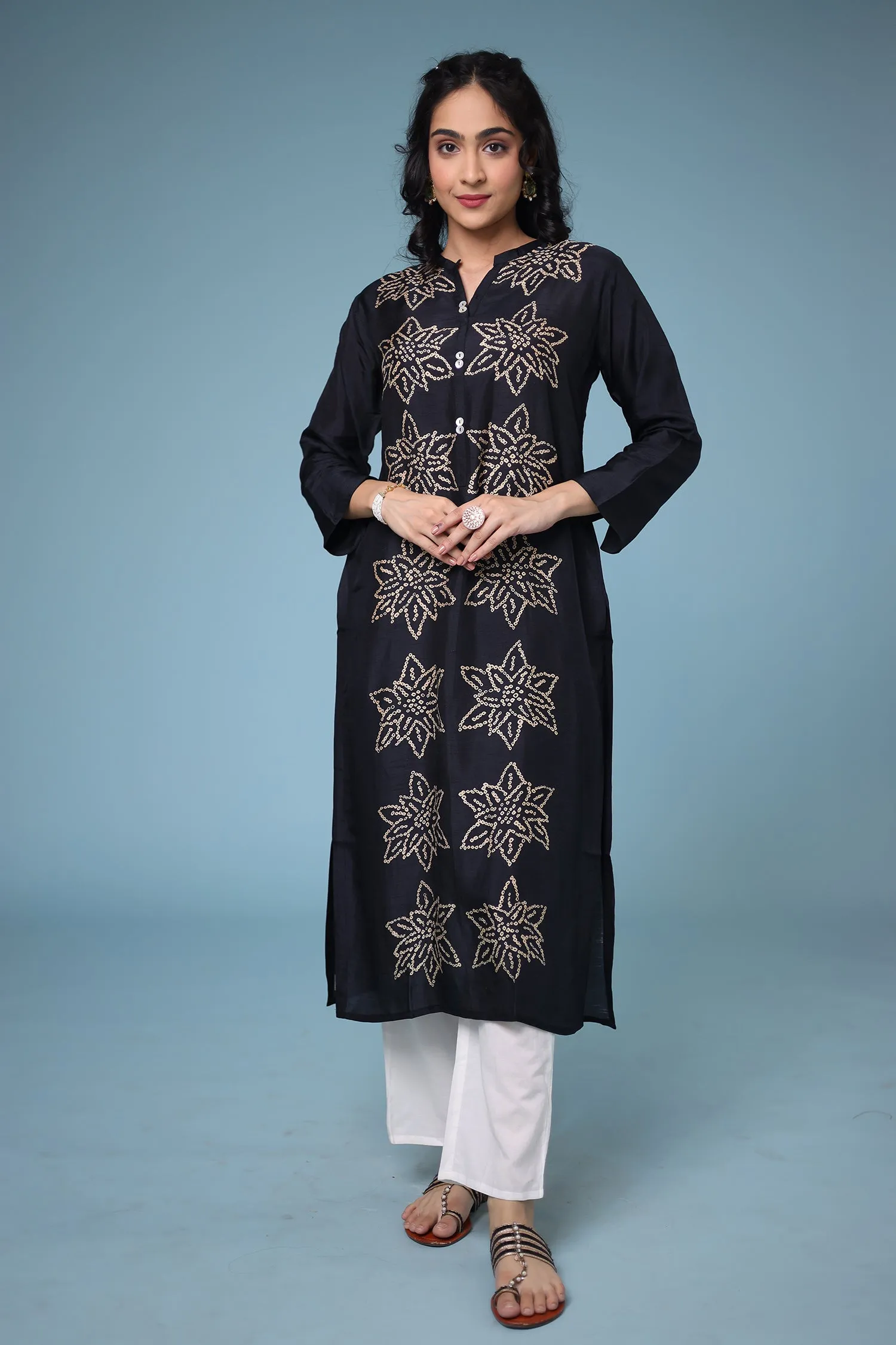 Bandhej Silk blend Straight Cut Kurta