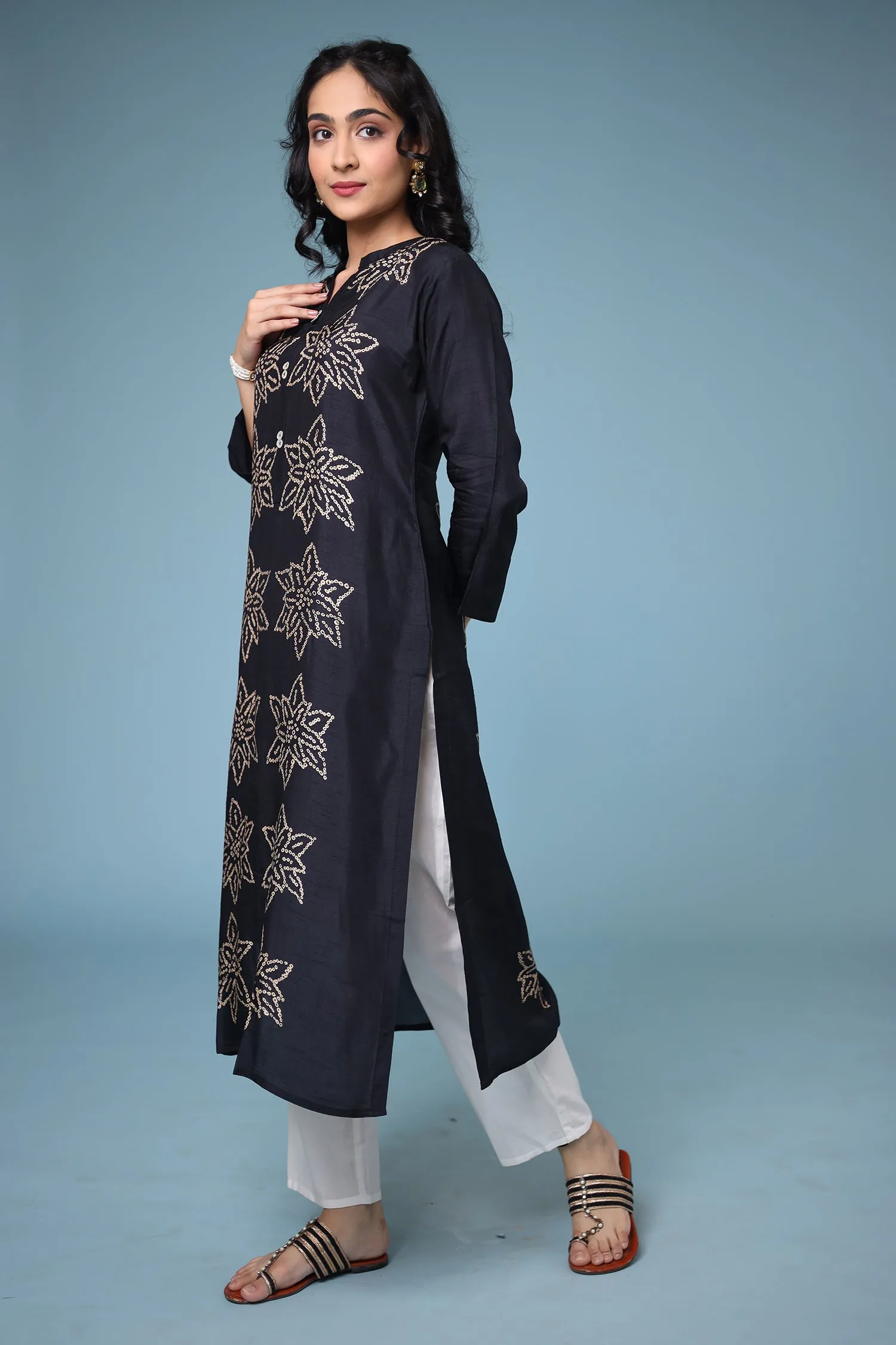 Bandhej Silk blend Straight Cut Kurta