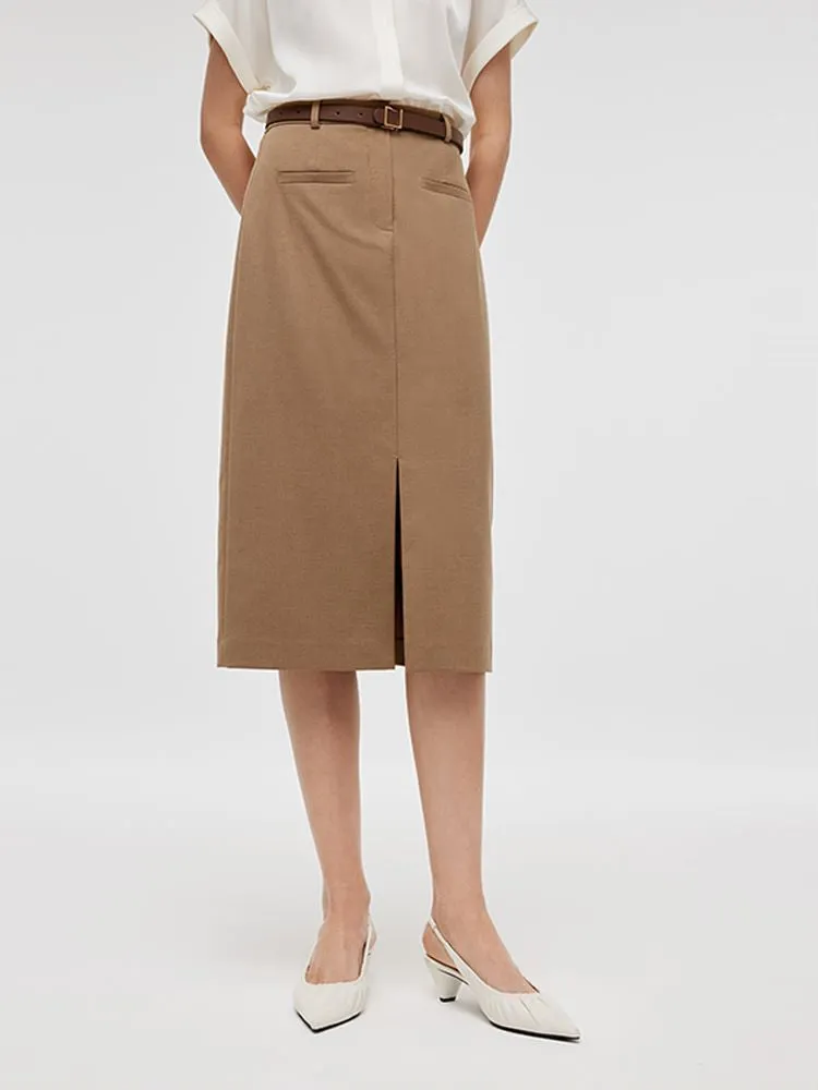 Basic Straight Slit Women Skirt With Belt