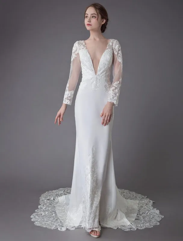 Beach Wedding Dresses Ivory Lace V Neck Long Sleeve Mermaid Bridal Gown With Train Exclusive