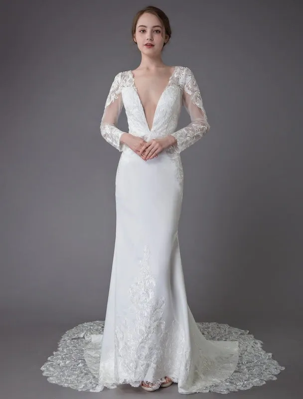 Beach Wedding Dresses Ivory Lace V Neck Long Sleeve Mermaid Bridal Gown With Train Exclusive