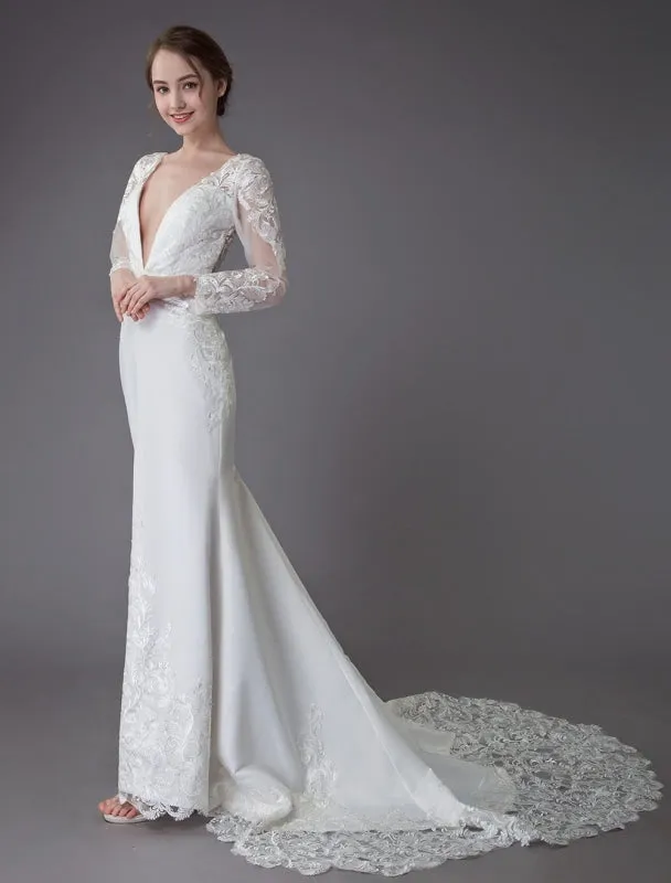 Beach Wedding Dresses Ivory Lace V Neck Long Sleeve Mermaid Bridal Gown With Train Exclusive