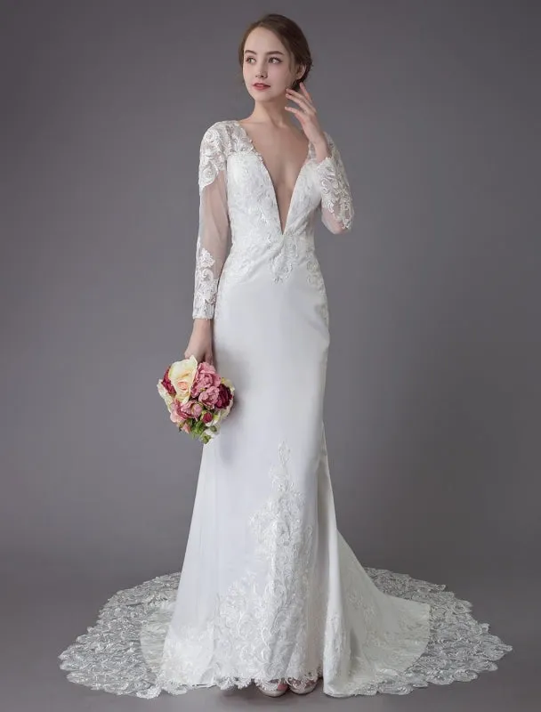 Beach Wedding Dresses Ivory Lace V Neck Long Sleeve Mermaid Bridal Gown With Train Exclusive