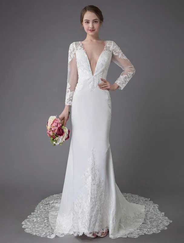 Beach Wedding Dresses Ivory Lace V Neck Long Sleeve Mermaid Bridal Gown With Train Exclusive