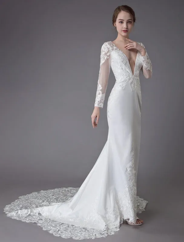 Beach Wedding Dresses Ivory Lace V Neck Long Sleeve Mermaid Bridal Gown With Train Exclusive