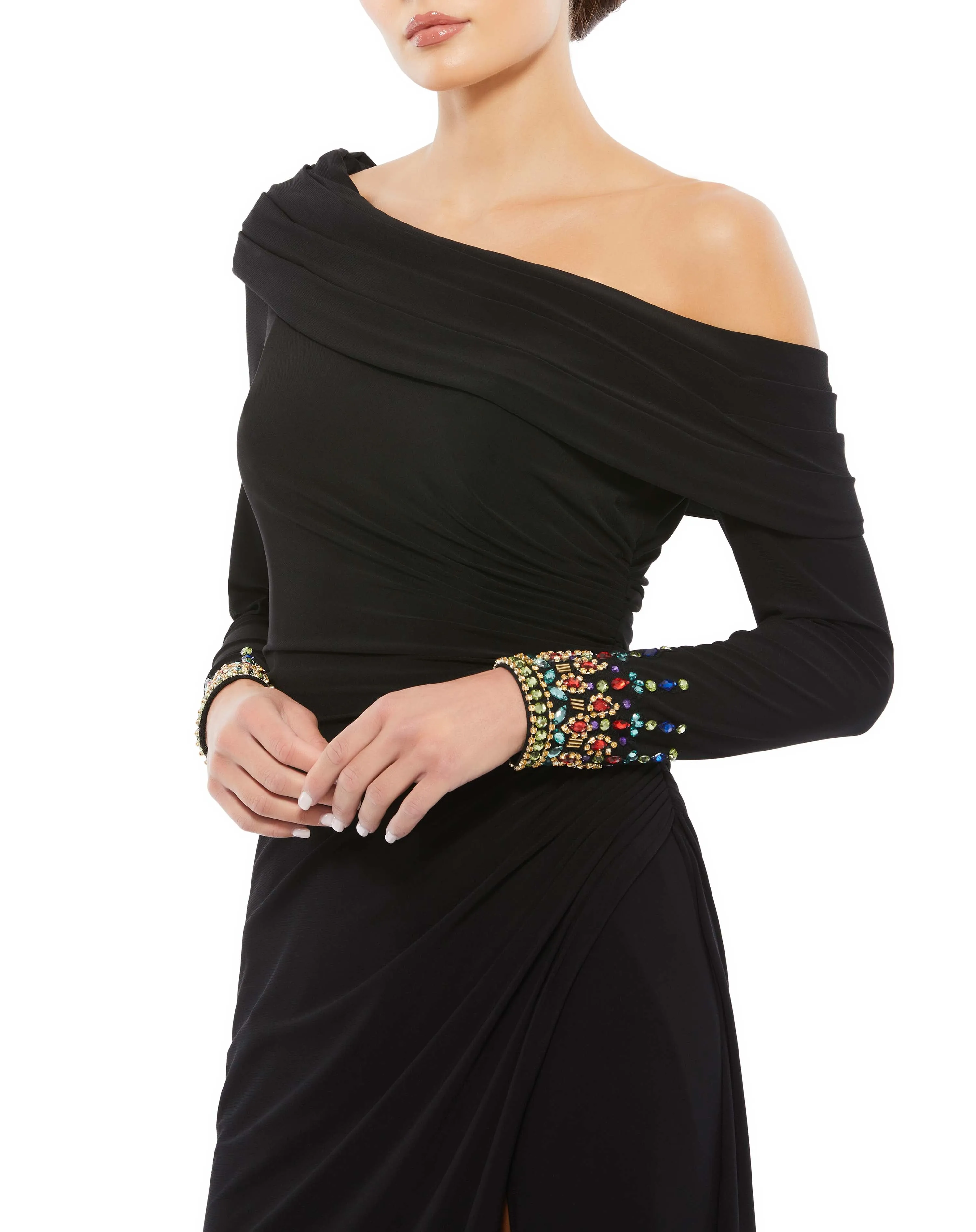 Beaded Cuff Drop Shoulder Faux Wrap Gown