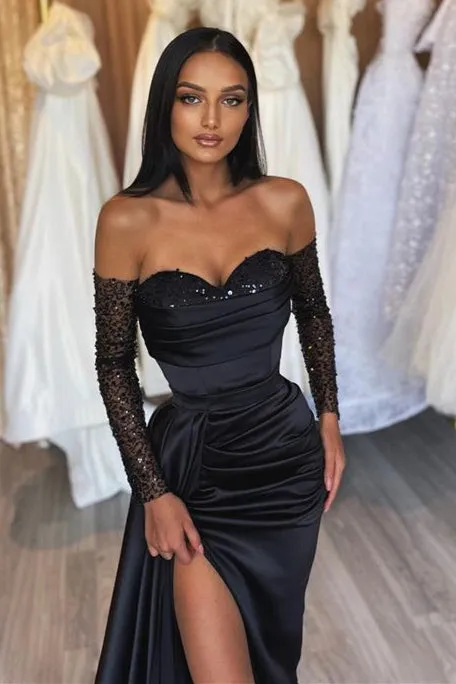 Black Long Off the Shoulder Sweetheart Satin Front Slit Prom Dress with Sleeves