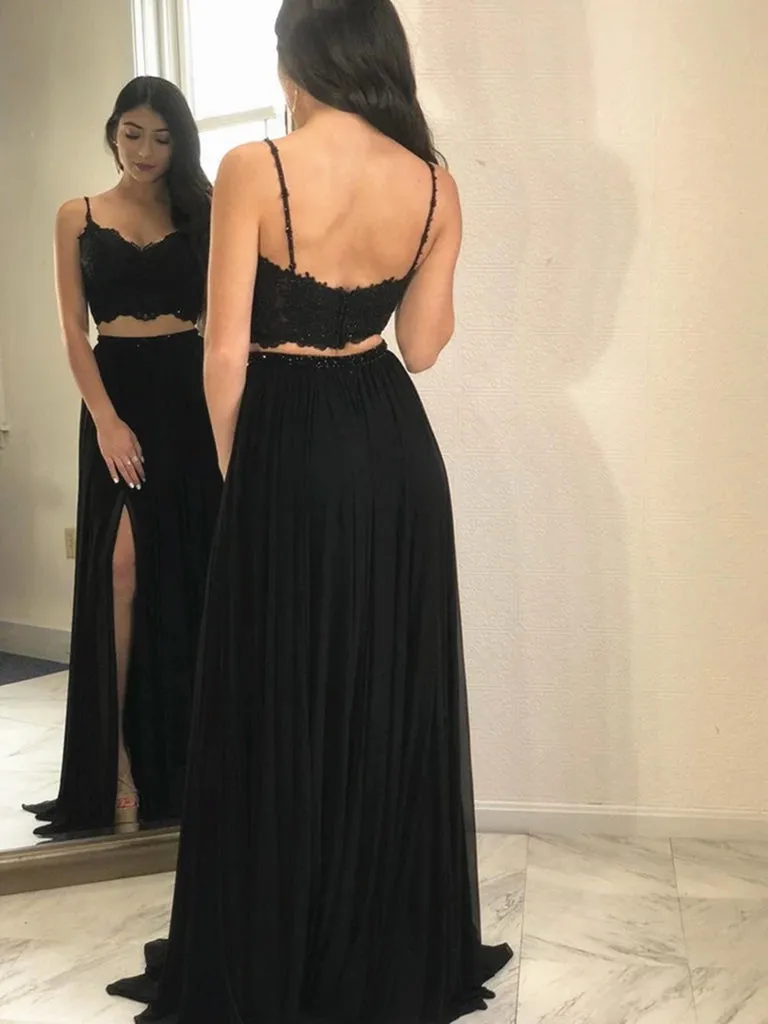 Black Two-Piece Lace Prom Dress, Formal Evening Bridesmaid Dress, BD2303112