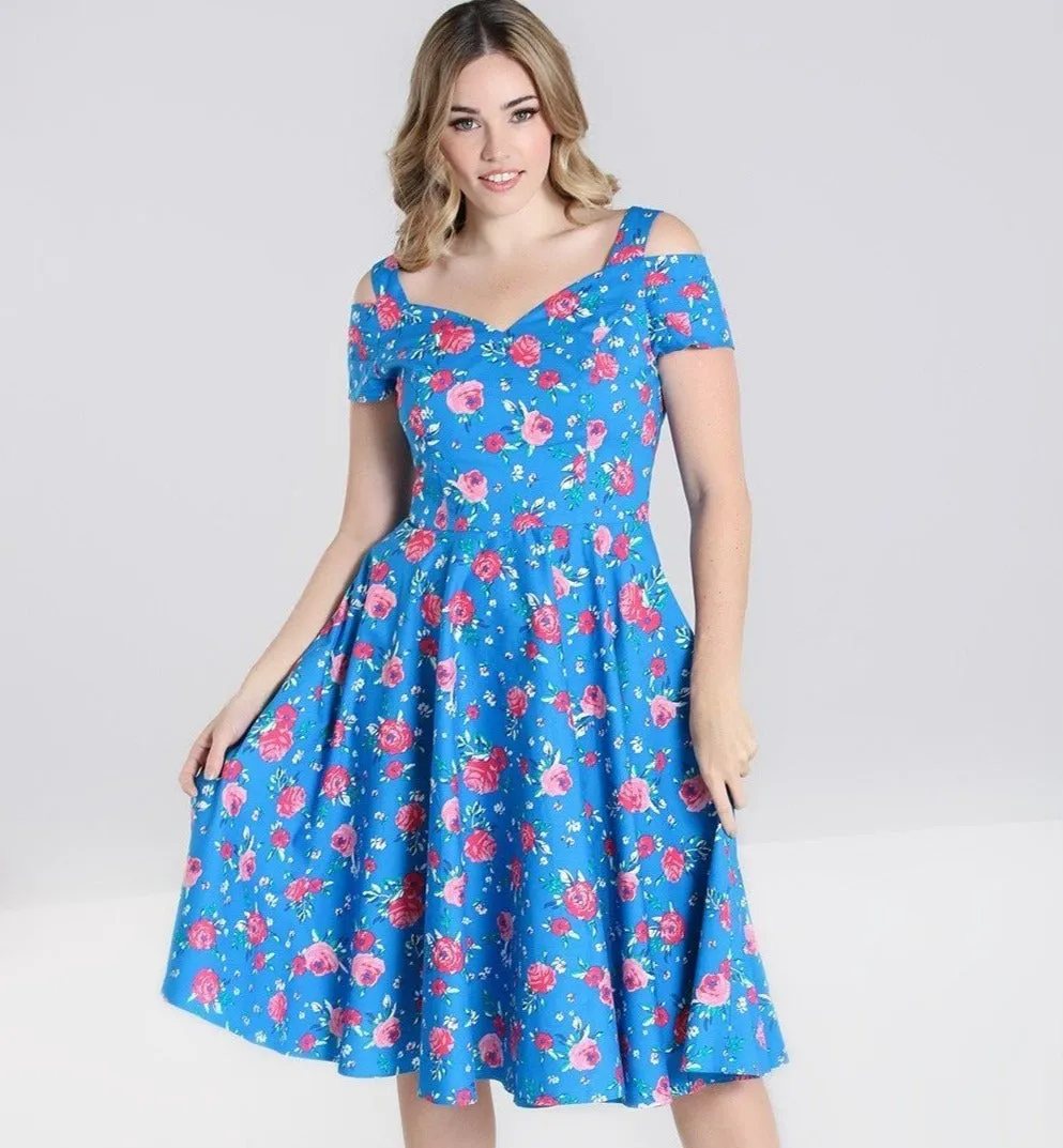 Blue Pink Floral Retro Cold Shoulder Swing Party Dress