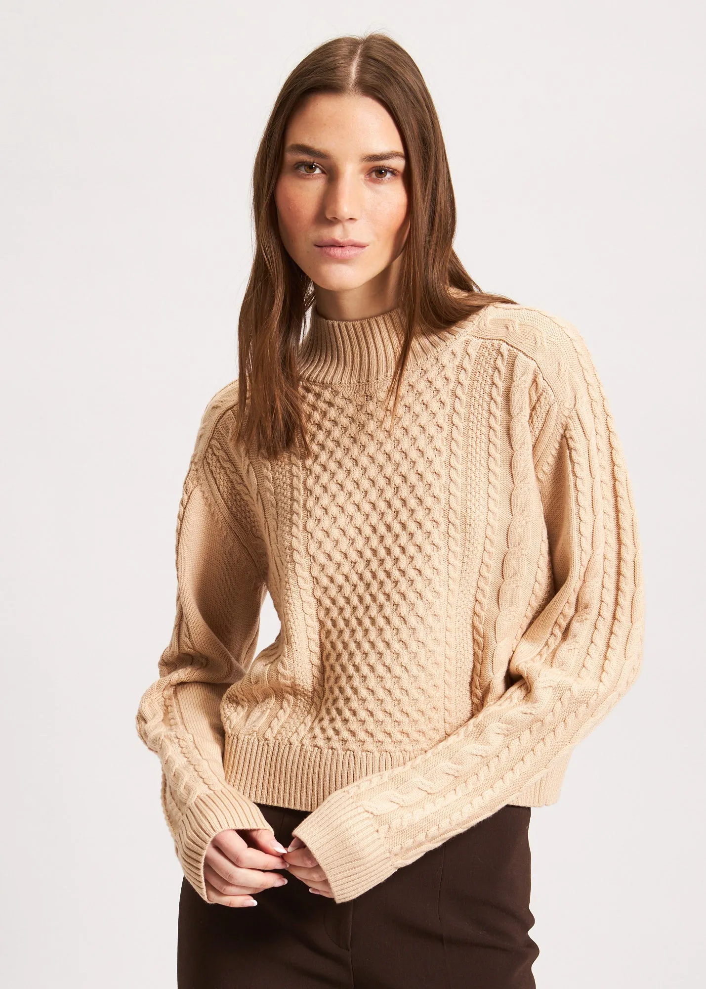 CABLE KNIT MOCK NECK SWEATER