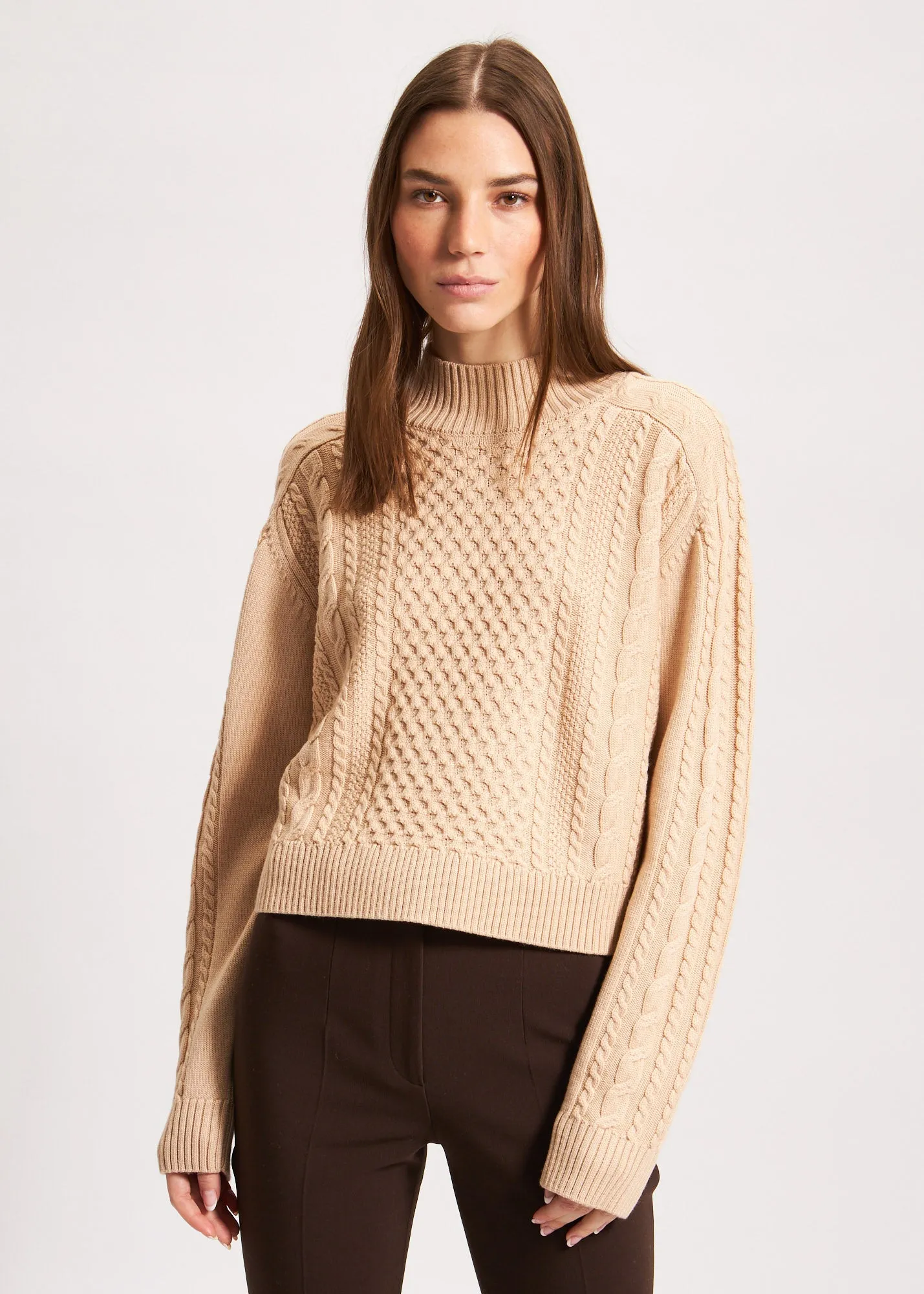 CABLE KNIT MOCK NECK SWEATER