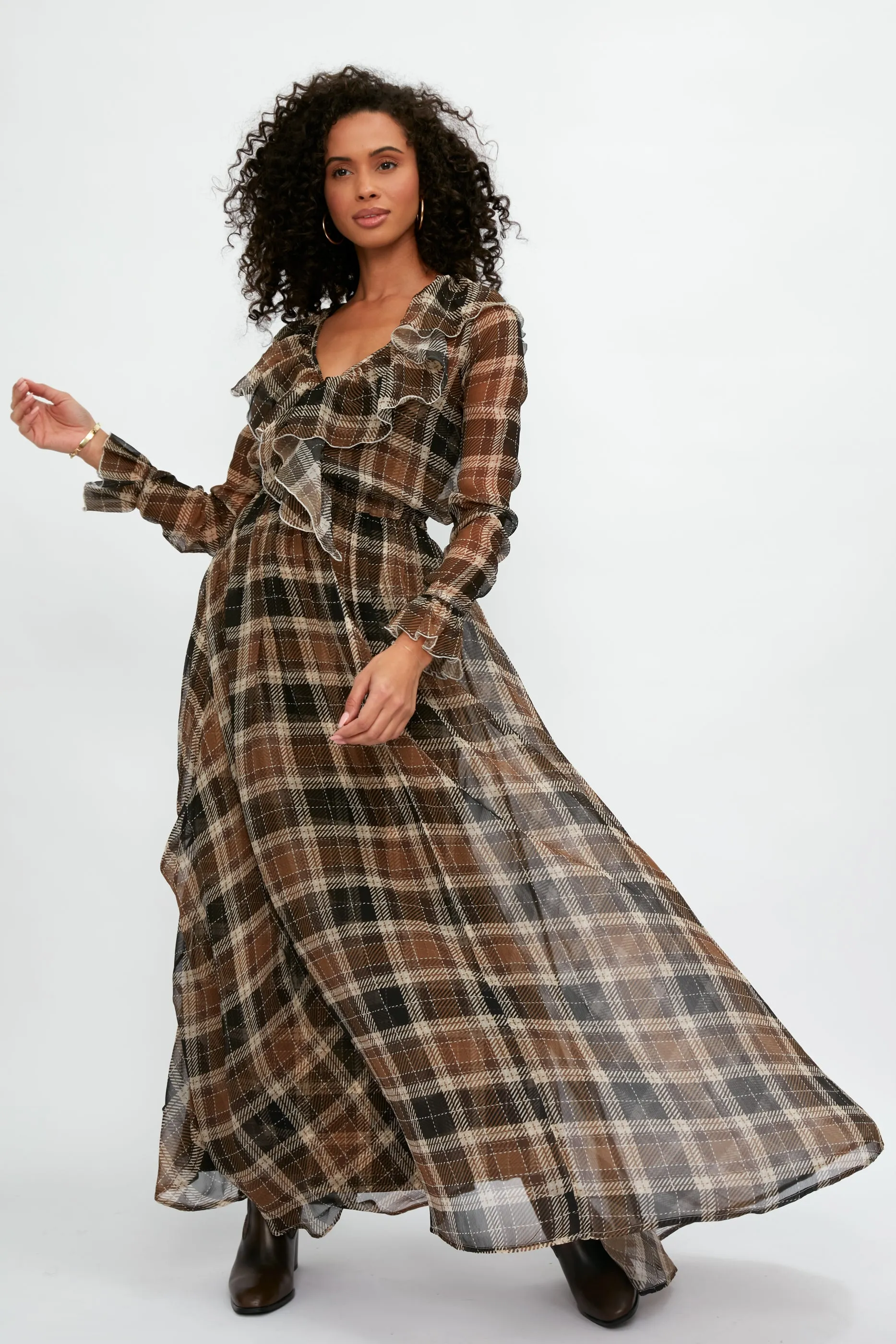 Calla Silk Maxi Dress in Tartan Nocciola