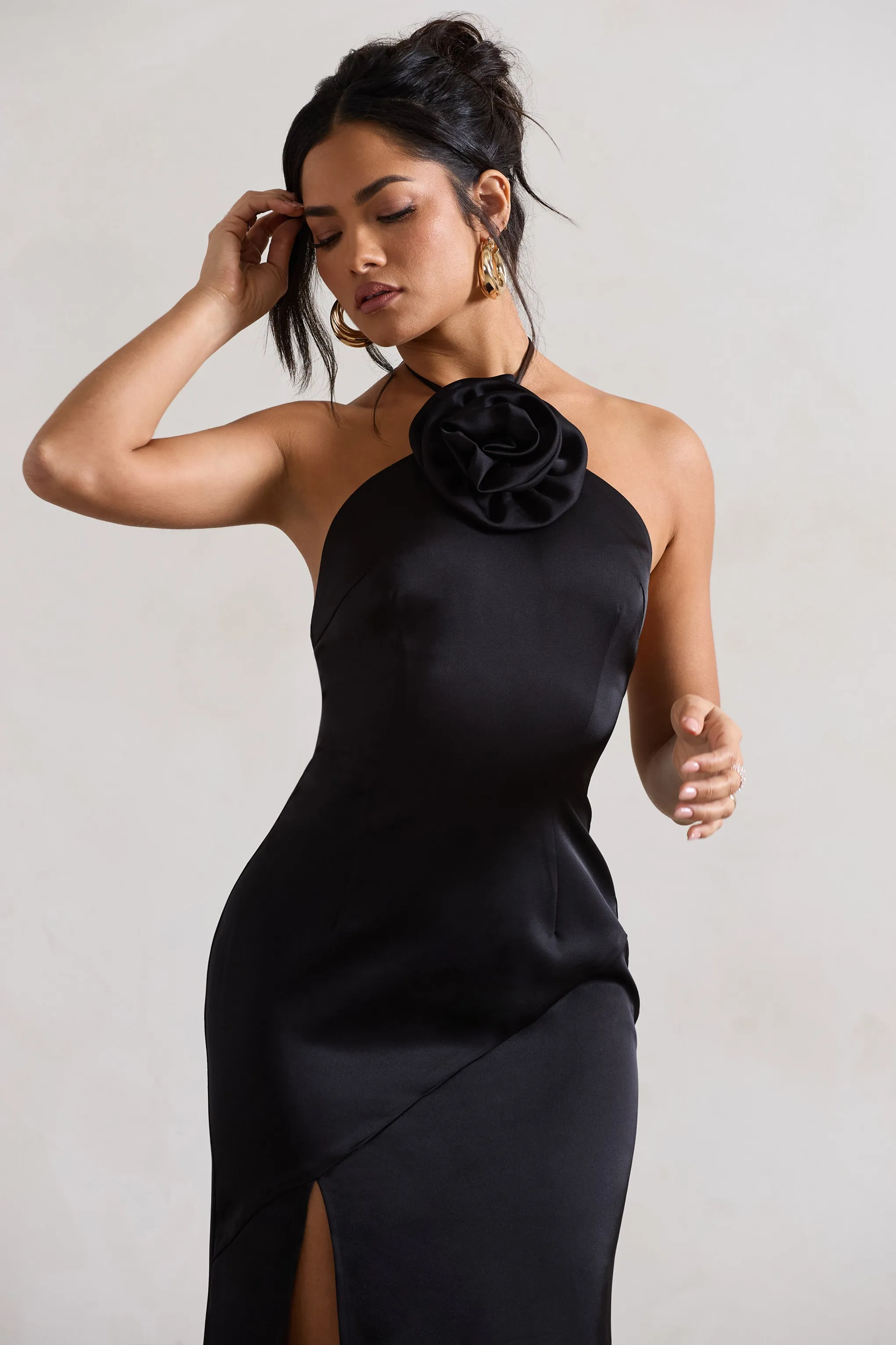 Cesca | Black Satin Halter-Neck Maxi Dress With Flower Corsage