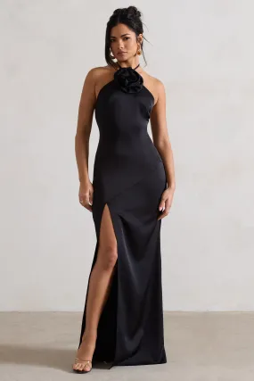 Cesca | Black Satin Halter-Neck Maxi Dress With Flower Corsage