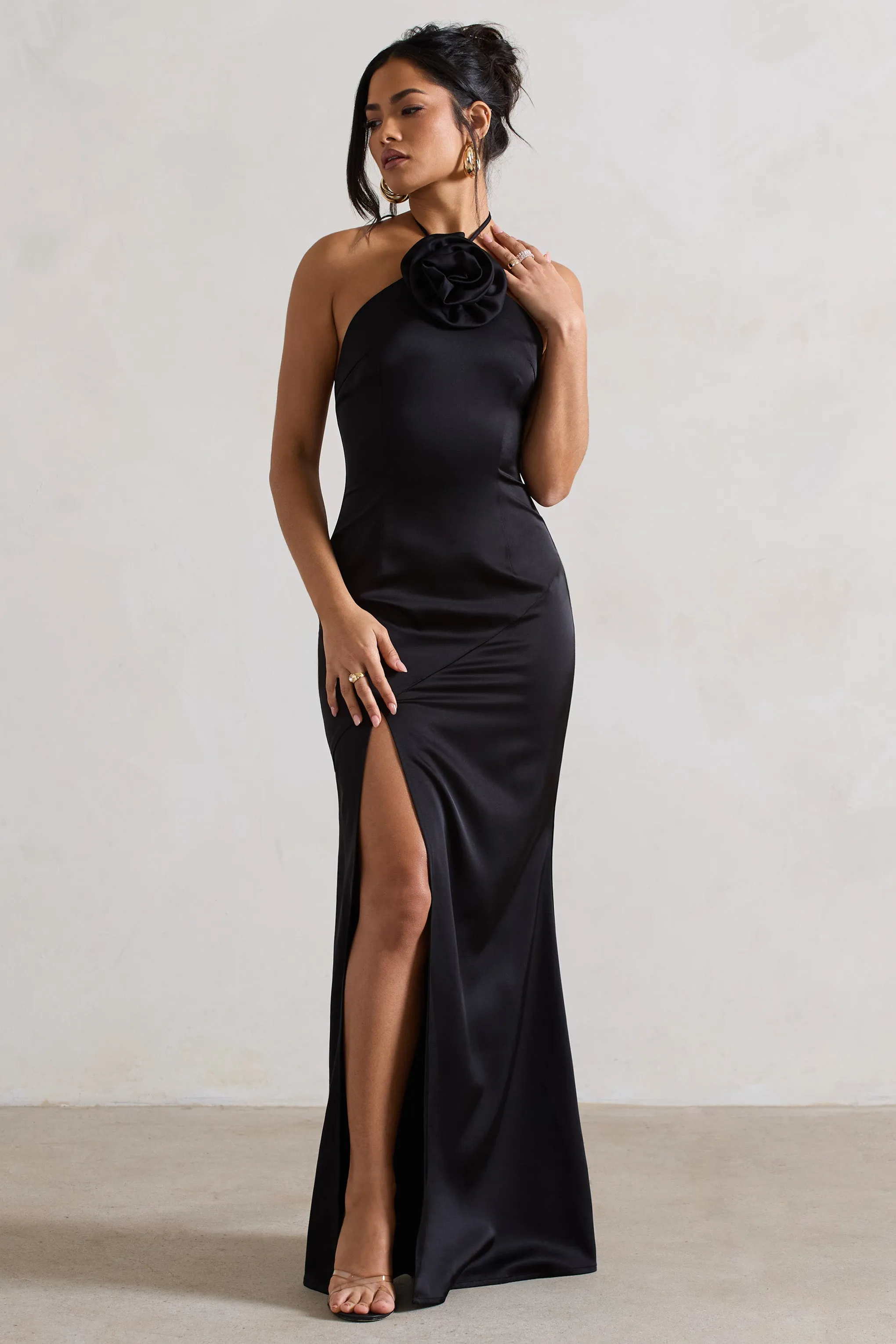 Cesca | Black Satin Halter-Neck Maxi Dress With Flower Corsage