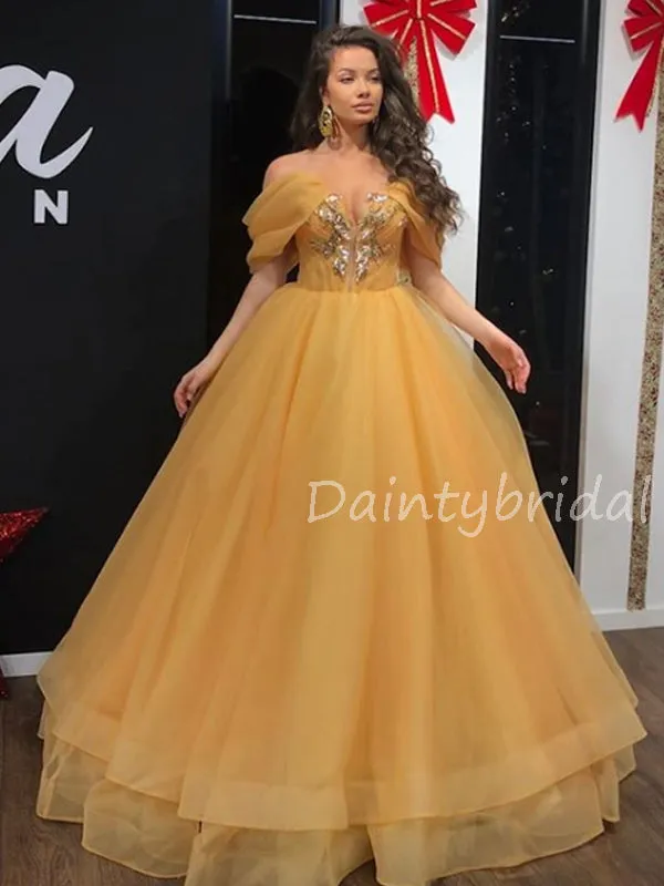 Charming Off-shoulder Organza A-line Long Prom Dresses Evening Dresses.DB10576