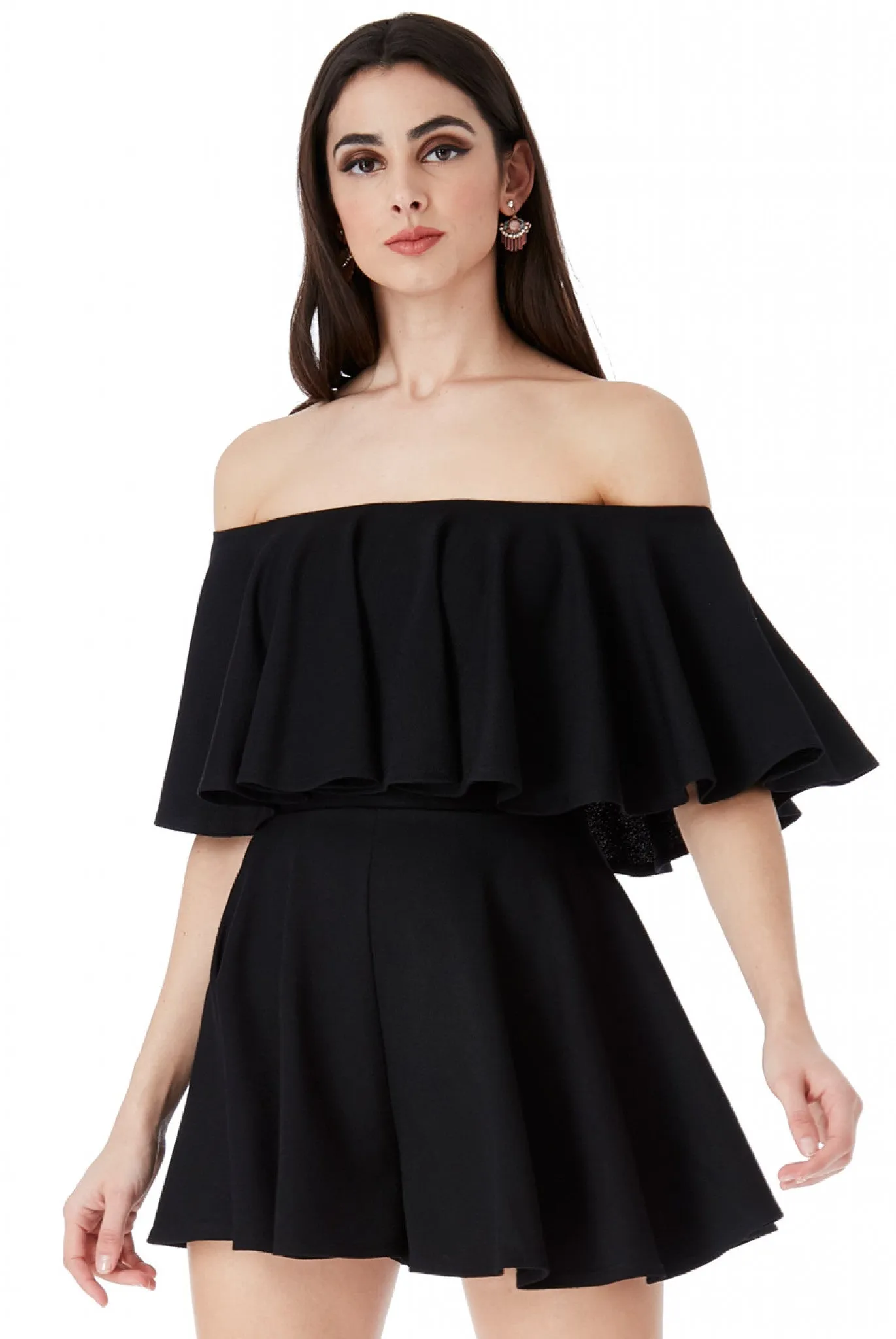 City Goddess Off The Shoulder Frill Neck Skater Playsuit