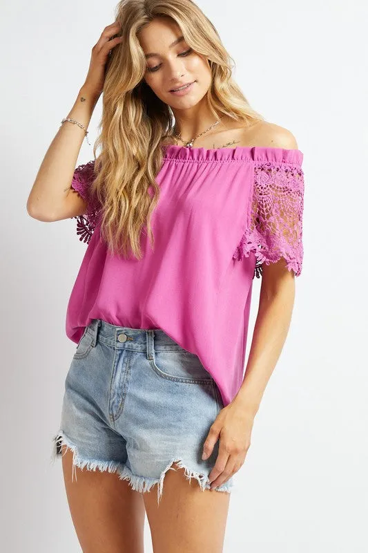 CROCHET LAEC SLEEVE ACCENT OFF SHOULDER TOP