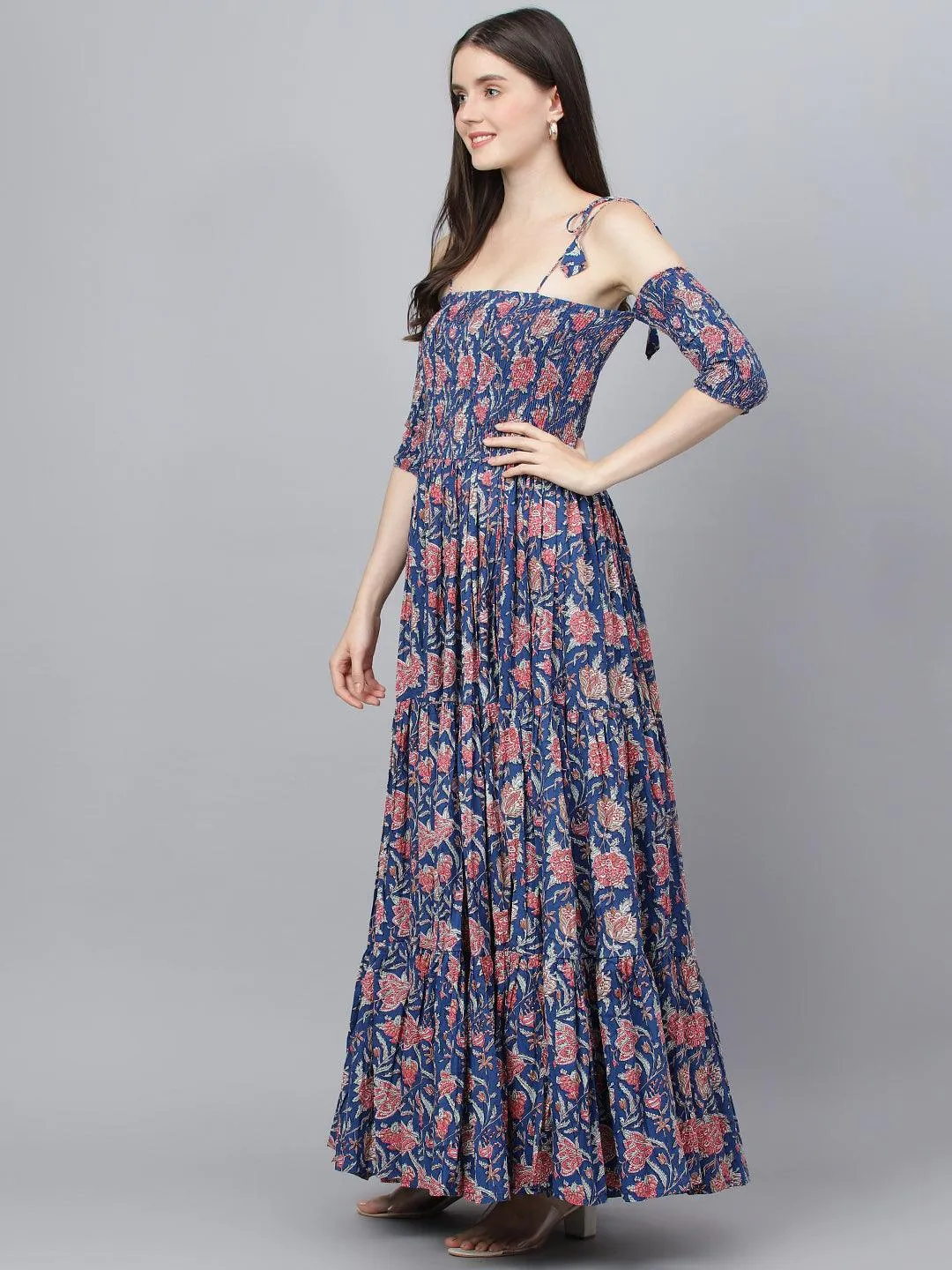 Divena Blue Floral Printed Shoulder Strips Flared Long Dress