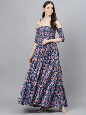 Divena Blue Floral Printed Shoulder Strips Flared Long Dress