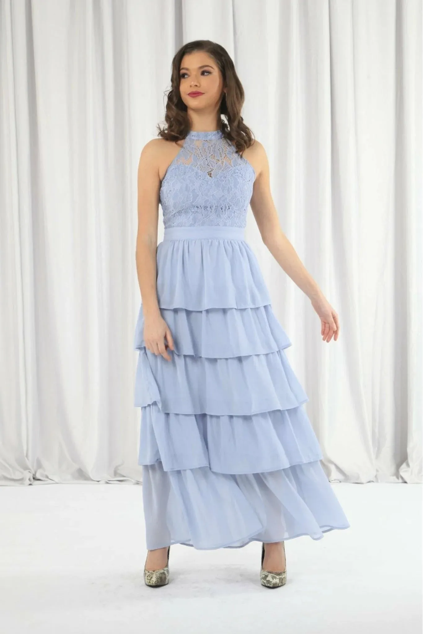 Double Second Light Blue Tiered Bridesmaid Dress